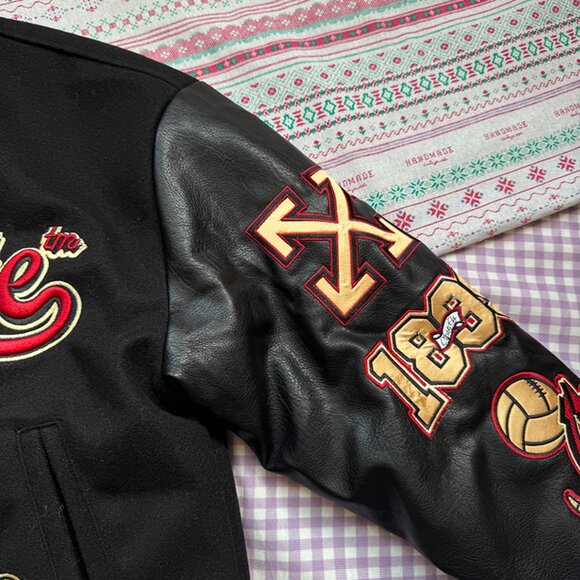AC Millan X Off White Devil Pattern Letterman Black Varsity Jacket - Picture 2 of 9